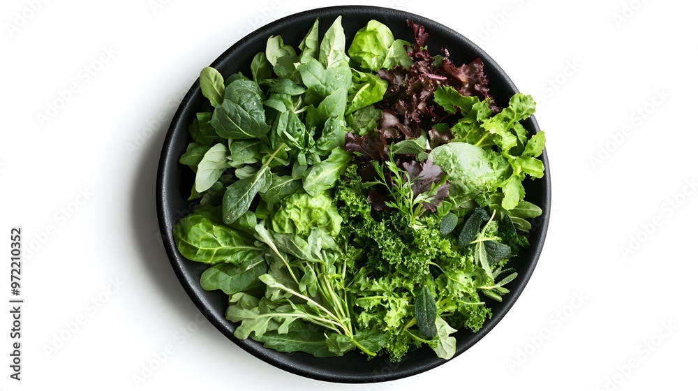 Assorted fresh green leafy salad mix in black bowl on white background Assorted fresh green leafy salad mix in black bowl on white background