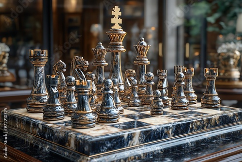 A classic chess set with black and gold pieces arranged on a marble board, ready for a strategic game.