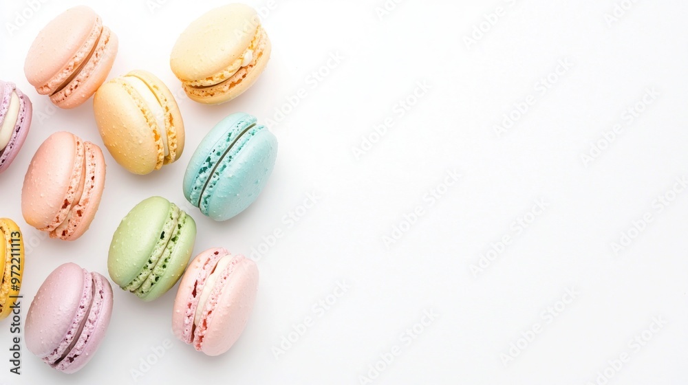 Soft pastel macarons arranged in a rainbow gradient on a white background, candy-colored dessert aesthetics, joyful and sweet food photography concept. Soft pastel macarons arranged in a rainbow gradient on a white background, candy-colored dessert aesthetics, joyful and sweet food photography concept.