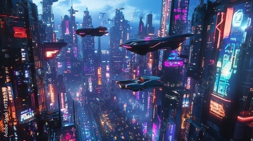 A futuristic cityscape with neon lights and flying cars.
