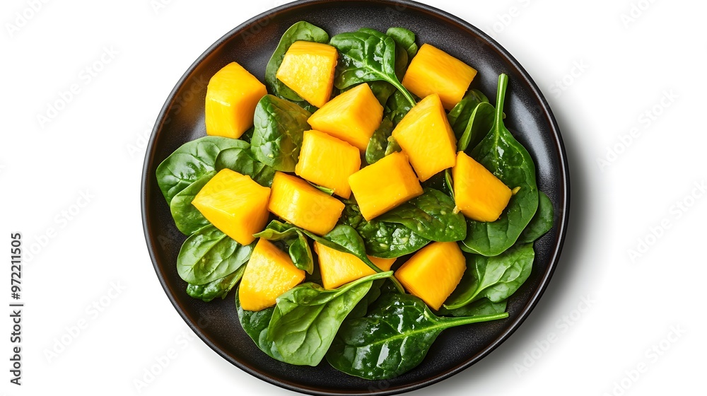 Fresh mango and spinach salad on a black plate Fresh mango and spinach salad on a black plate