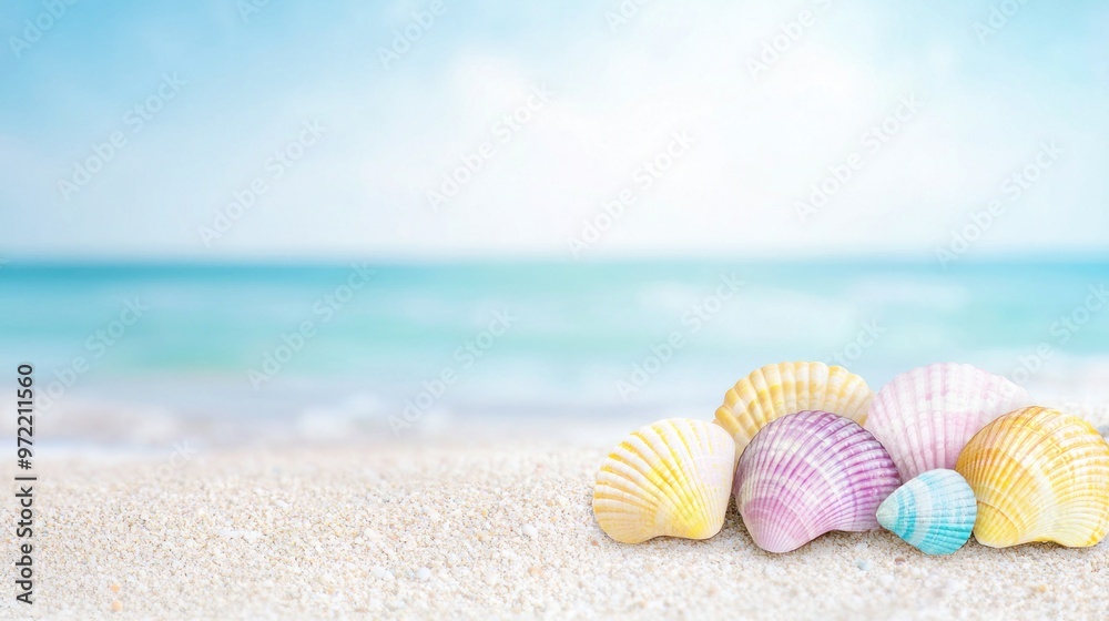 Colorful pastel seashells on the beach, candy hues, calming seaside, Watercolor style Colorful pastel seashells on the beach, candy hues, calming seaside, Watercolor style