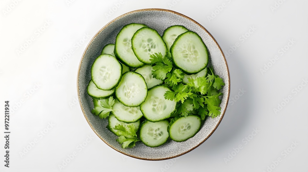 Fresh cucumber slices and cilantro in bowl on minimalist white background Fresh cucumber slices and cilantro in bowl on minimalist white background