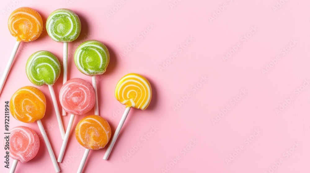 Brightly colored lollipops in soft pastel tones against a pink background, candy-colored sweets, playful and cheerful aesthetic. Brightly colored lollipops in soft pastel tones against a pink background, candy-colored sweets, playful and cheerful aesthetic.