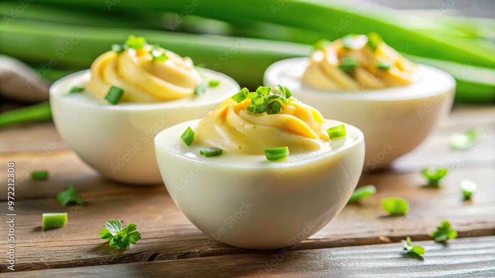 Boiled egg halves with mayonnaise and green onions in forced perspective Boiled egg halves with mayonnaise and green onions in forced perspective