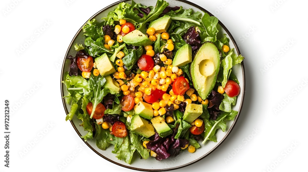 Fresh avocado and corn salad with greens and cherry tomatoes on a plate Fresh avocado and corn salad with greens and cherry tomatoes on a plate