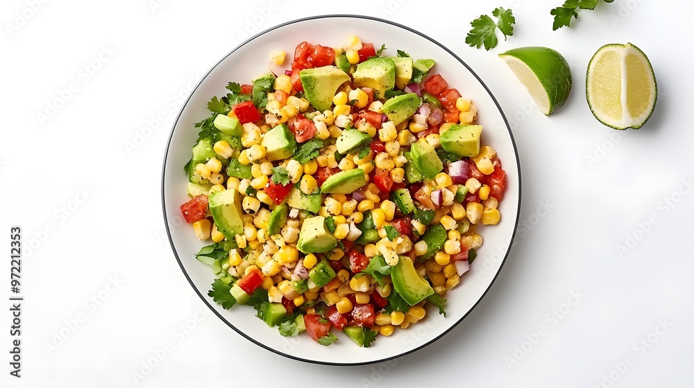 Fresh avocado corn salad with tomatoes, lime, and cilantro on a white plate