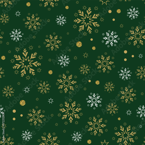 Golden and White Snowflakes, Christmas Elegance Emerald Green Background, New Year's Seamless Pattern Swatch, Perfect for Festive Greeting Cards, Textiles, Winter Season Glittery Snow Surface Decor.