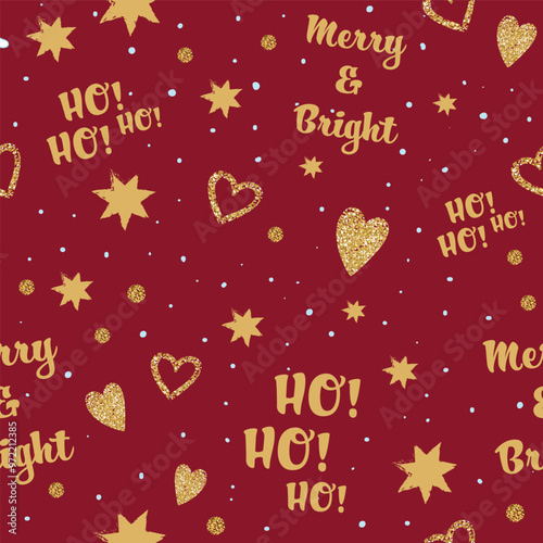 Christmas Glitter and Gold Wishes, Stars and Hearts in a Beautifully Seamless Pattern on a Vibrant Red Holiday Background, Festive Greeting Cards, Textiles, and Winter Season Decor.