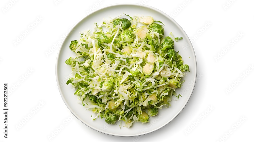 Fresh shredded brussels sprouts salad on white plate Fresh shredded brussels sprouts salad on white plate