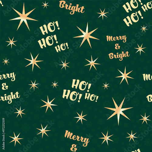 Merry And Bright, Ho Ho Ho Christmas Wishes, Typography With Golden Stars Seamless Pattern On Deep Green Background With Snowflakes, Great For Christmas Surface Design.