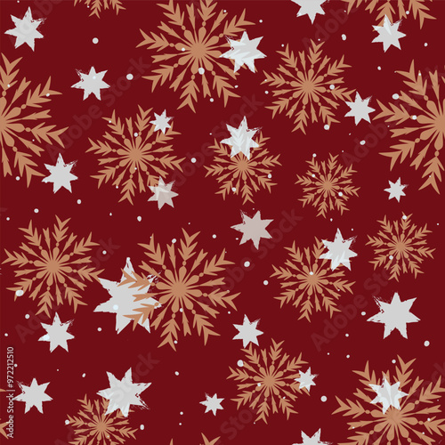 Seamless Christmas Pattern with Golden Stars and Snowflakes on Red, Claret Background,  Vector Hand-Drawn Festive Design for Wallpaper, Cards, and Holiday Packaging.