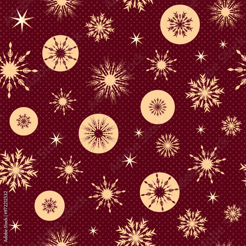 Seamless Christmas Pattern with Golden Stars and Snowflakes on Red, Claret Background,  Vector Hand-Drawn Festive Design for Wallpaper, Cards, and Holiday Packaging.