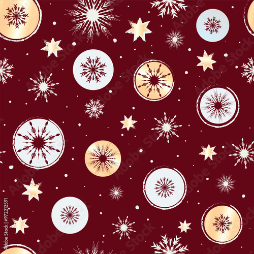 Seamless Christmas Pattern with Golden Stars and Snowflakes on Red, Claret Background,  Vector Hand-Drawn Festive Design for Wallpaper, Cards, and Holiday Packaging.