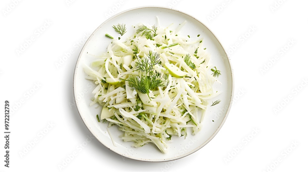 Fresh shredded cabbage salad with dill on white plate Fresh shredded cabbage salad with dill on white plate