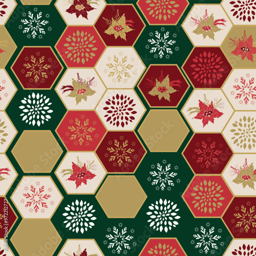 Christmas Decorative Seamless Pattern Swatch, Hexagons with Snowflakes, Poinsettias and Decor, Green, Red and Gold Festive Background.