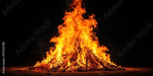 Bonfire with orange flame burning trees at night from bird's eye view photo