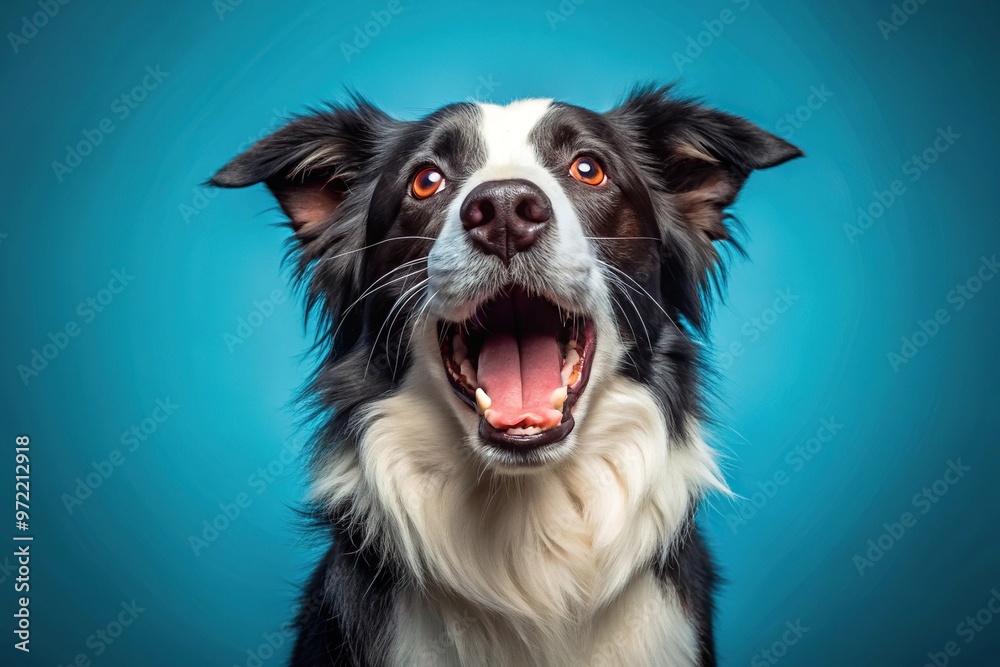 Border collie barking in studio shot isolated on blue background Border collie barking in studio shot isolated on blue background