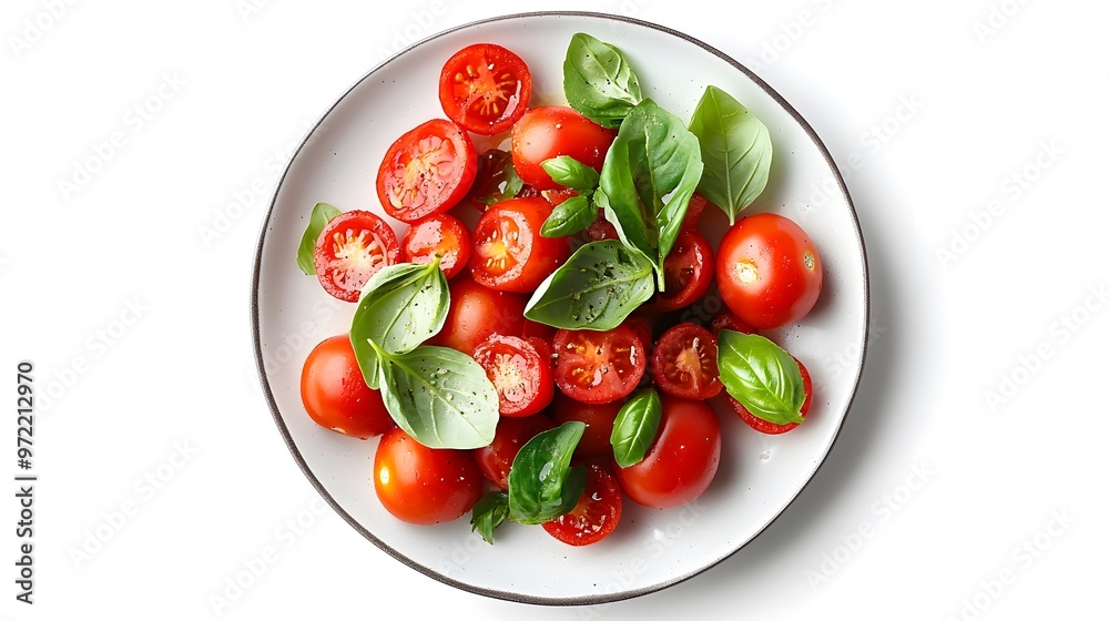 Fresh tomato and basil salad on white plate with green herb garnish Fresh tomato and basil salad on white plate with green herb garnish