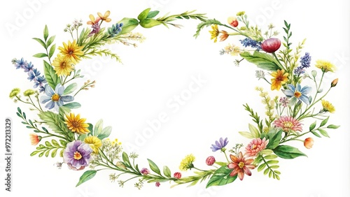 Botanical wreath frame painted in watercolor from a worm's eye view, featuring tiny wild flowers