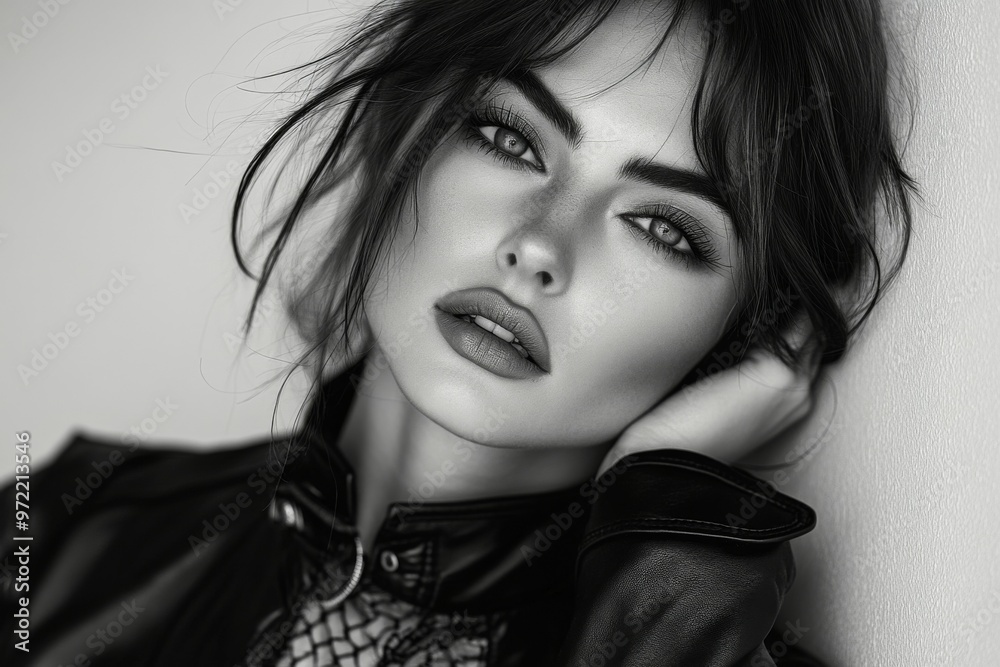 A beautiful woman in a black leather jacket and dark make-up posing while looking at the camera. Black and white fashion photography. Fashion. Style. A beautiful woman in a black leather jacket and dark make-up posing while looking at the camera. Black and white fashion photography. Fashion. Style.