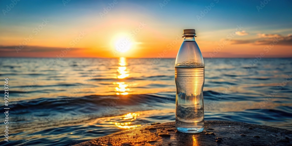 Bottle of water on sea background at sunset high angle Bottle of water on sea background at sunset high angle