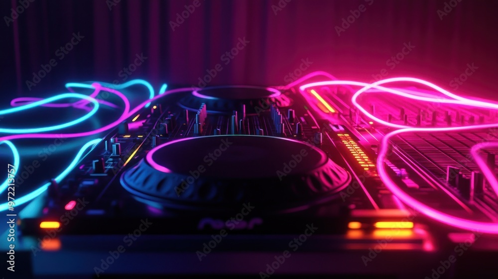 A vibrant DJ setup with neon lights, showcasing a mixer and turntables for music performance. A vibrant DJ setup with neon lights, showcasing a mixer and turntables for music performance.