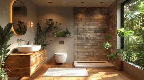 Modern bathroom with wooden floors, large window, and brick shower wall.