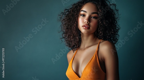Portrait of a young woman with curly hair, looking directly at the camera.