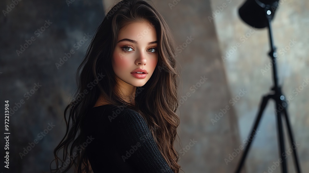 Fototapeta premium Beautiful young woman with long, dark hair and green eyes.