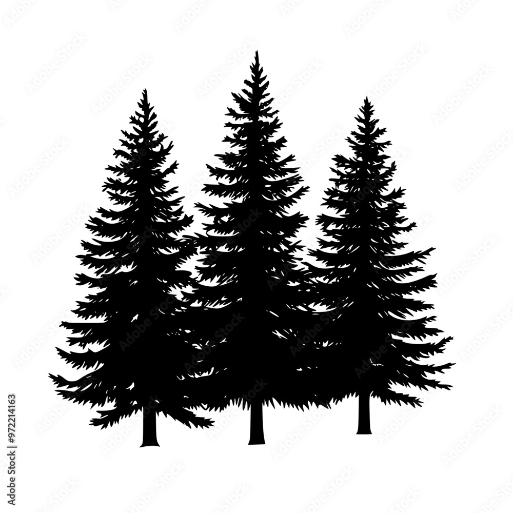 Obraz premium Silhouette of evergreen pine trees in black, Black silhouette of tall evergreen pine trees, featuring detailed branches and a simple design, isolated on a white background. 