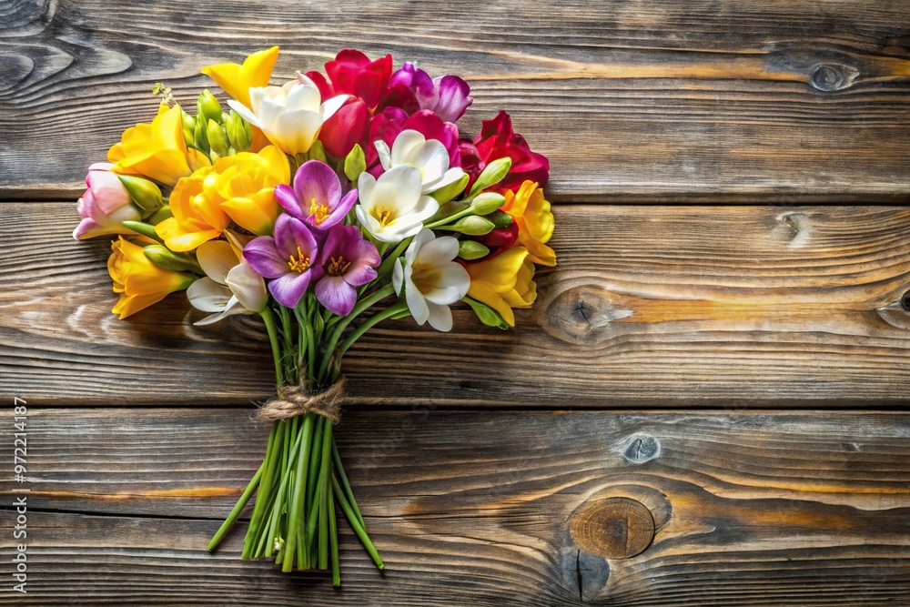 Bouquet of freesia flowers on wood background Bouquet of freesia flowers on wood background