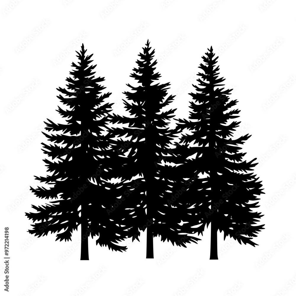 Fototapeta premium Silhouette of evergreen pine trees in black, Black silhouette of tall evergreen pine trees, featuring detailed branches and a simple design, isolated on a white background. 