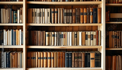 Charming wooden shelves filled with neatly arranged books creating a cozy atmosphere of knowledge and elegance