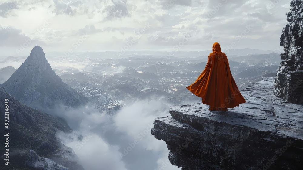 A mysterious figure in an orange cloak standing at the edge of a cliff, overlooking a vast, misty valley A mysterious figure in an orange cloak standing at the edge of a cliff, overlooking a vast, misty valley