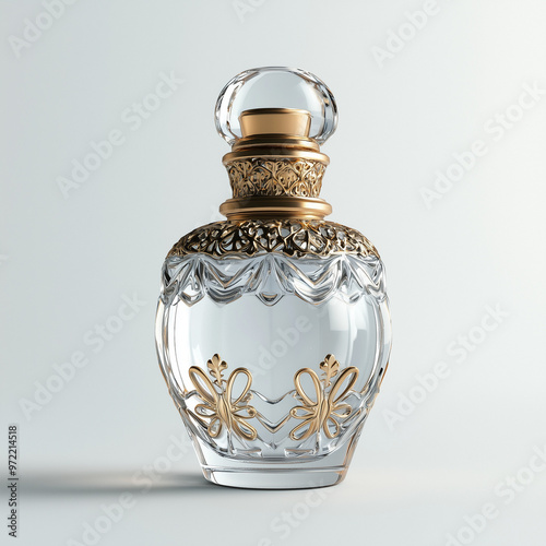 3D render of a transparent perfume bottle with golden accents isolated on a white background