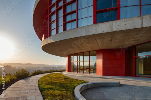 Red concrete renaissance house with curved lines. photo