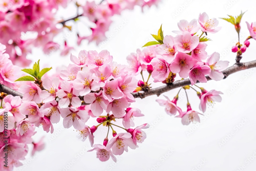 Branch of tree with pink flowers on white background