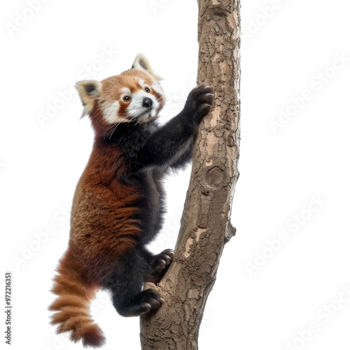 A charming red panda climbing a textured tree, showcasing its playful nature and stunning fur patterns. photo