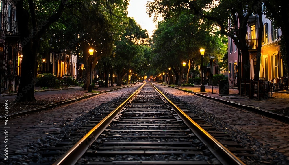 Fototapeta premium Scenic railway tracks under soft evening light, surrounded by lush trees and historic buildings, creating a tranquil atmosphere.