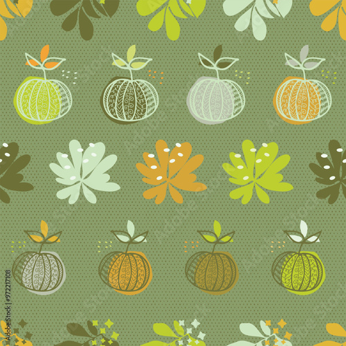 Rustic, Boho Seamless Pattern with Hand-Drawn Pumpkins, Leaves and Flowers, Orange and Yellow Organic Shapes in Autumn Wallpaper and Vintage Fall Floral Decorative Design.