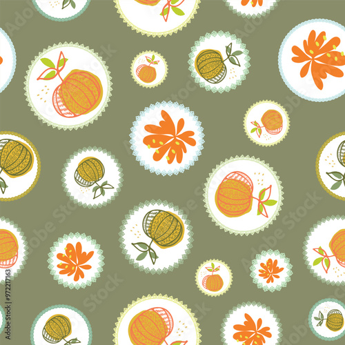 Rustic, Boho Seamless Pattern with Hand-Drawn Pumpkins, Leaves and Flowers, Orange and Yellow Organic Shapes in Autumn Wallpaper and Vintage Fall Floral Decorative Design.