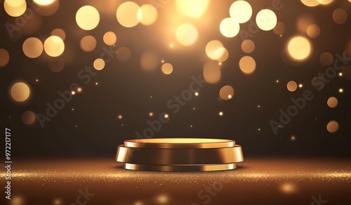 Golden empty podium on brown background with neon light effect with bokeh decoration. Elegant scene design concept for marketing promotion. Generative Ai