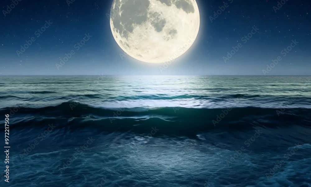 Full moon glow over ocean waves on a sand beach at night Full moon glow over ocean waves on a sand beach at night