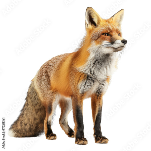 A realistic fox standing majestically, showcasing its vibrant fur and keen expression, perfect for wildlife-themed projects.