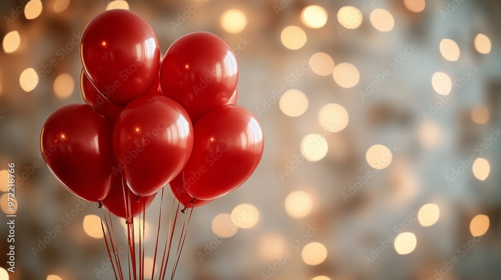A cluster of glossy red balloons floats gently, creating a cheerful atmosphere. The warm, glowing lights in the background enhance the festive mood and evoke a sense of joy A cluster of glossy red balloons floats gently, creating a cheerful atmosphere. The warm, glowing lights in the background enhance the festive mood and evoke a sense of joy