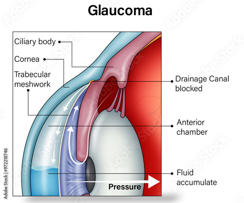 Zoomed-In Anatomy Diagram of Glaucoma-Induced Damage: Retinal Ganglion Cells, Vitreous
Absorption, and Choroid Layer Changes with Color-Coded Legend