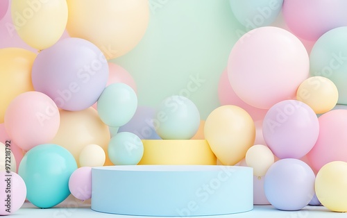 Minimal product podium stage with multicolor pastel color balloons in geometric shape for presentation background. Abstract background and decoration scene template. 3D illustration. Generative Ai