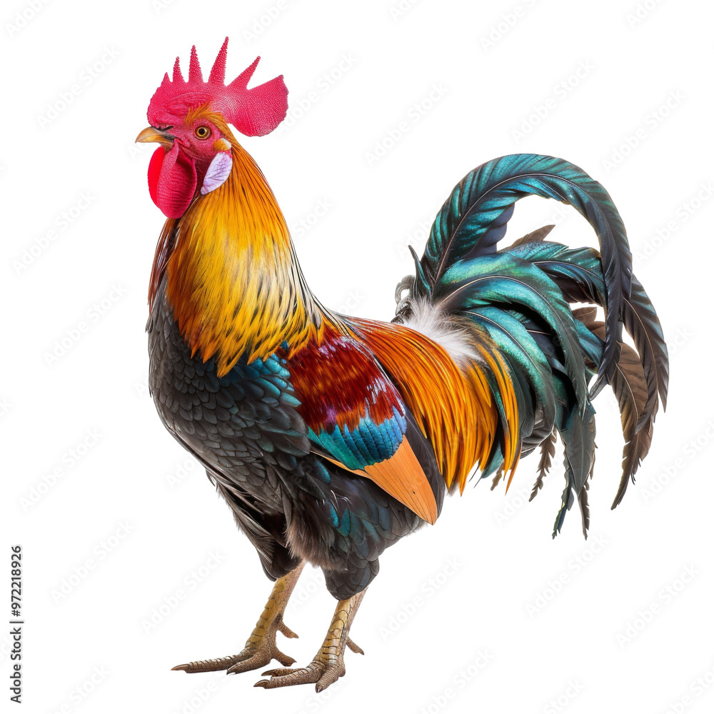 Fototapeta premium A vibrant rooster with colorful plumage stands proudly, showcasing its striking features and lively personality.