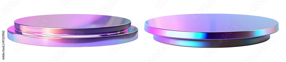 Glossy holographic podiums group on transparent background. Modern futuristic mockup for product display. Cut out pedestal or platform. Empty scene. Y2k, 2000s style. Color gradient. Glossy holographic podiums group on transparent background. Modern futuristic mockup for product display. Cut out pedestal or platform. Empty scene. Y2k, 2000s style. Color gradient.